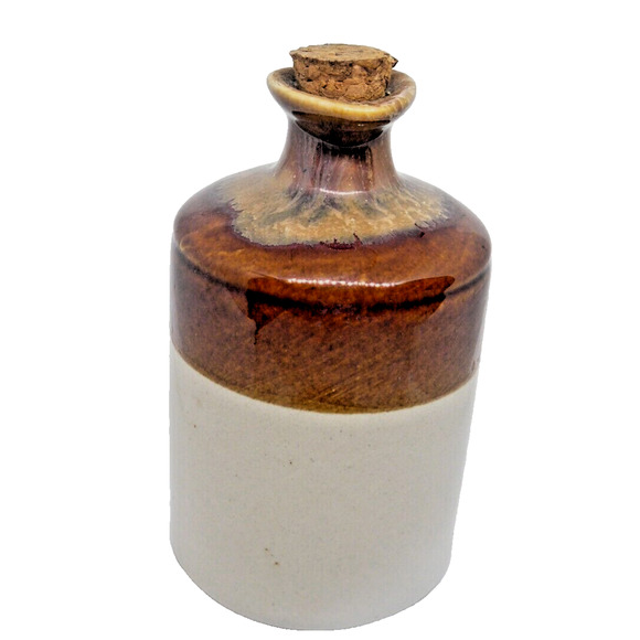 Miniature 3 Tone Little Brown Jug w/Cork Stopper Stoneware Cream/Brown/Beige VTG - Picture 2 of 7